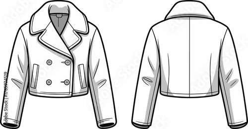 Double breasted cropped jacket flat sketch, women’s fashion outerwear with wide collar, front and back view, CAD vector design template