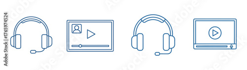 Vector art of online learning and communication tools featuring headphones and video player icons for virtual meetings and webinars on transparent background