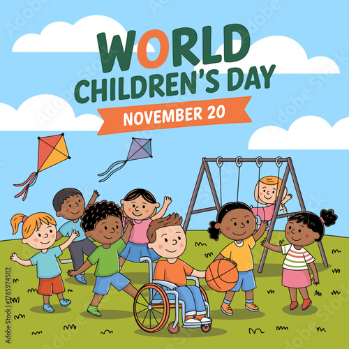Vector art of diverse group of happy children playing together on a playground on world childrens day, celebrating inclusivity and fun with kites and a basketball