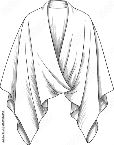 Draped Front Poncho Fashion Flat Sketch, Elegant Women Outerwear Template, Stylish Cape Design, Technical Garment CAD Drawing Illustration