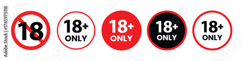 18 plus only icon. Age limit under 18 years old is forbidden circle sign symbol vector illustration. Under 18 sign in on white background. Over 18 only censored. Eighteen age older forbidden.