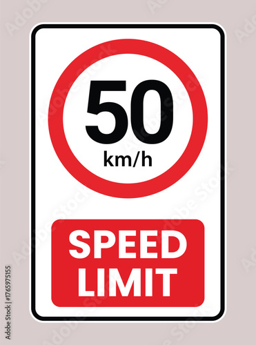 Speed limit 50 mph road sign vector illustration. Traffic regulation and safety symbol for street and highway. Driving law icon. Maximum speed transportation concept.