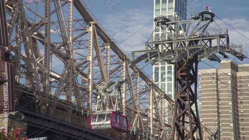 Establishing shot of the Roosevelt Island Tram and the Queensboro Bridge