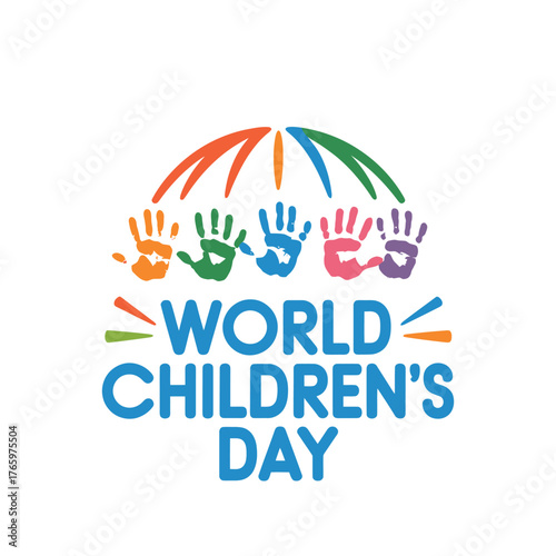 Vector art of world childrens day logo with colorful handprints under an umbrella