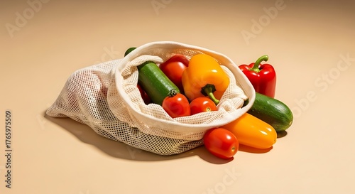 Fresh colorful vegetables spill out of a reusable mesh produce bag