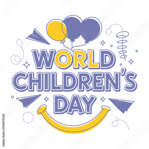 Vector art of world childrens day text with balloons, paper airplanes, and smiley face