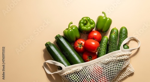 Fresh vegetables in a reusable mesh bag on a beige background