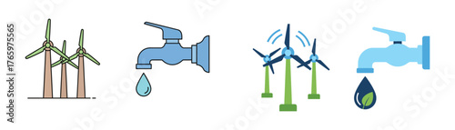 Vector art of collection of renewable energy and water conservation icons, promoting sustainability and environmental awareness through windmills and water taps on transparent background