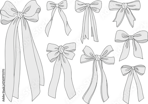 Elegant bow ribbon collection, hand-drawn style vector set for fashion design, gift wrapping, crafts, textile decoration and packaging art