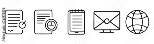 Vector art of collection of black and white icons representing business and communication elements, conveying professionalism and connectivity on transparent background