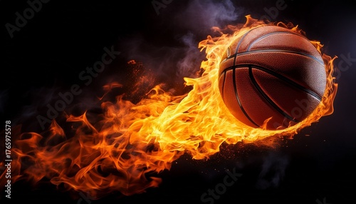 basketball on fire on black background copy space basket ball flying on dark background with fire flames sport game concept