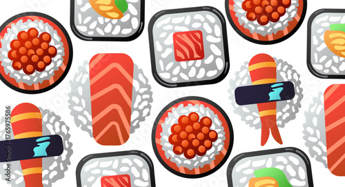 A seamless vector illustration of various sushi types including salmon nigiri, shrimp sushi, and caviar rolls arranged in a vibrant repeating pattern. Ideal for restaurant branding, packaging, wallpap