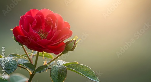 Vibrant red rose bloom bathed in soft golden sunlight