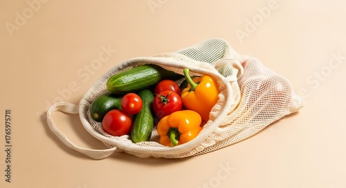 Fresh assortment of colorful vegetables in a reusable mesh bag