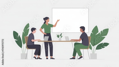 Stylized teamwork scene with laptops, presentation screen and indoor plants. Editorial image for professional training, project planning or academic engagement.