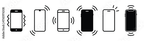 Set of vibration and ringing phone vector icons. Signal on smartphone. Ringing and vibrating smartphone icons. Incoming notification.