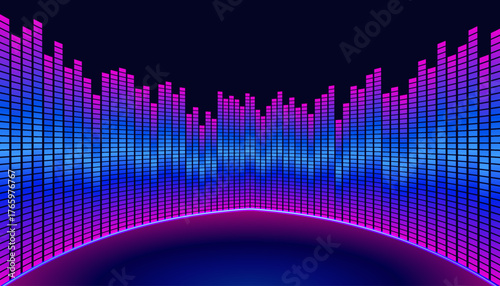 Futuristic digital music equalizer or sound wave visualization with glowing vertical bars in blue and magenta gradients vibrant, creating a dynamic, curved effect suggestive of a stage, studio.