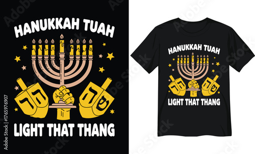 Funny Hanukkah Menorah and Dreidel “Light That Thang” Illustration