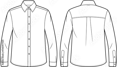 Classic button-up shirt front and back view, long sleeve formal shirt cad sketch, technical vector fashion flat template