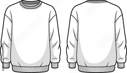 Crewneck sweatshirt front and back technical flat sketch, vector fashion cad drawing, clothing template for apparel design, unisex pullover layout
