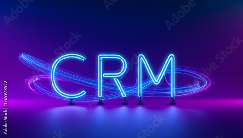 CRM Neon Sign with Light Trails on a Vibrant Purple and Blue Background
