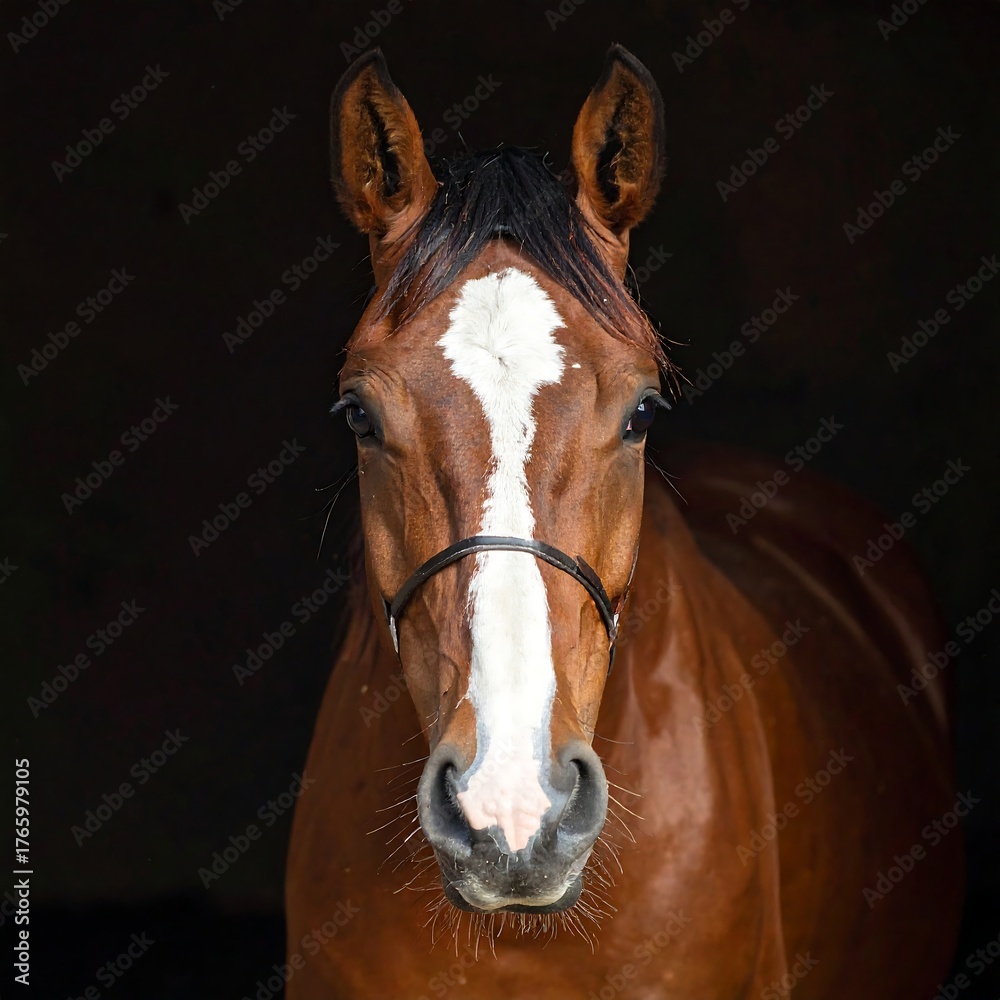 Obraz premium A beautiful brown horse facing forward against a dark background