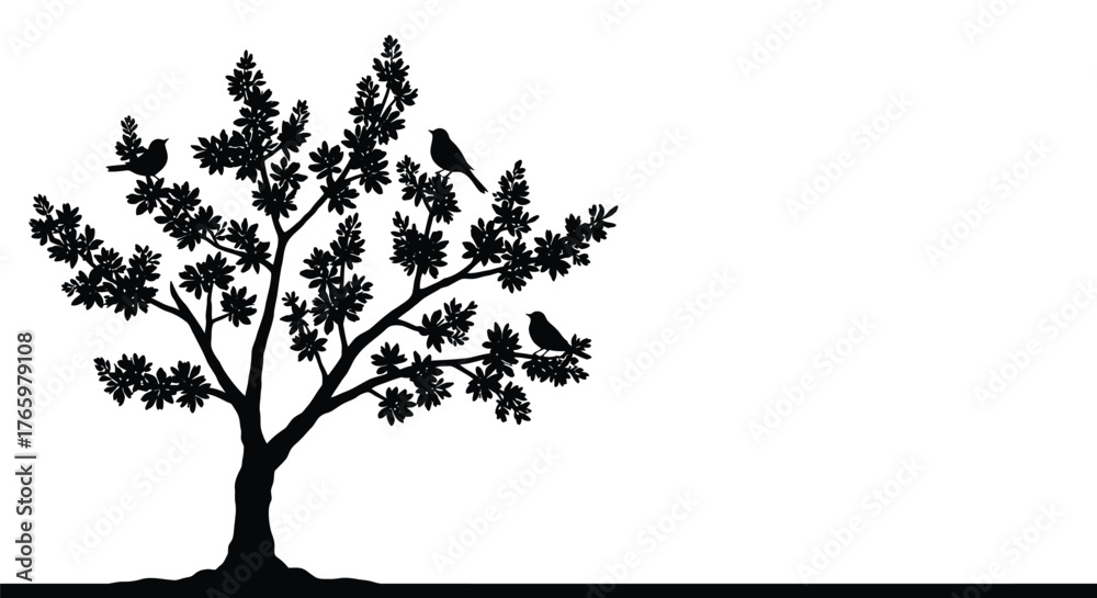 Obraz premium Silhouette of a tree with birds perched on its branches against white