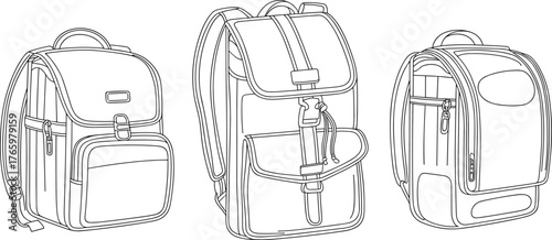 Detailed cad drawing flat vector illustration of three modern backpacks with zippers, buckles, compartments, and straps in line art