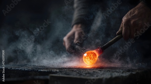 Glassblower skillfully shaping incandescent molten glass with a blowpipe in a dark smoky workshop