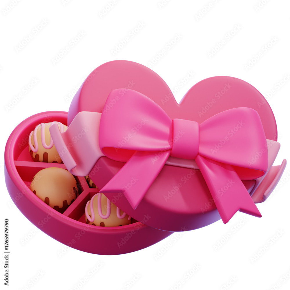 Fototapeta premium A 3D rendering of a pink heart-shaped box tied with a bow, containing chocolate candies, a sweet symbol of love for Valentine's Day and special occasions