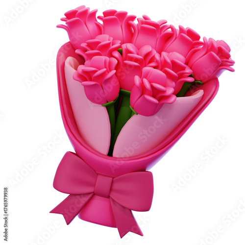 Canvas Print A charming 3D illustration of a beautiful pink rose bouquet, artfully wrapped wi