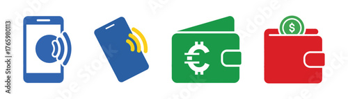 Vector art of illustrations of contactless payment methods and digital wallets, showcasing modern financial technology and convenience on transparent background