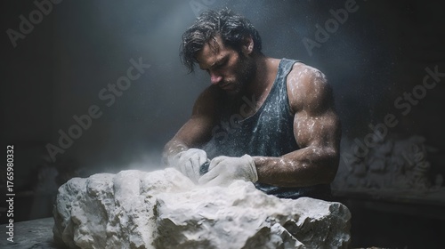 A muscular sculptor intensely carves a stone sculpture in a dusty dramatically lit studio