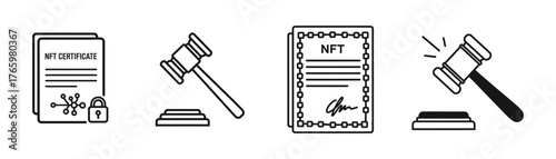 Vector art of nft contract legal documents and gavel representing the legal and regulatory aspects of nonfungible tokens and auctions on transparent background