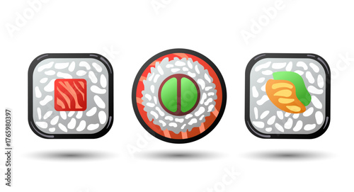 Clean and modern vector illustration featuring different sushi rolls such as salmon maki, avocado roll, and vegetable sushi arranged on a white background with soft shadows. Ideal for menu design, bra