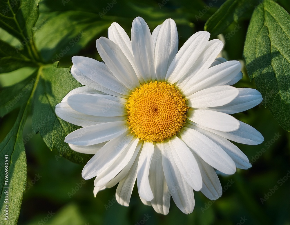 Obraz premium a close up view of a white daisy flower surrounded by green leaves showcasing its delicate petals and vibrant yellow center