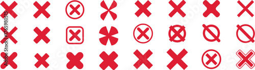 Red cross icon set with not verified symbols, minimal geometric vector collection representing rejection, error, and invalid status, clean sharp silhouette icons on white background