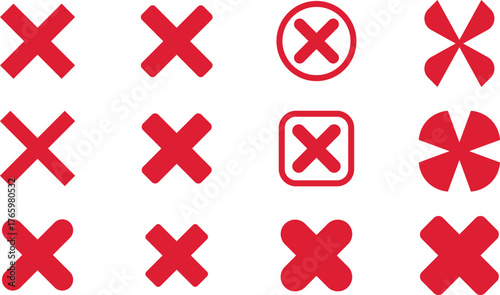 Red cross icon set with not verified symbols, minimal geometric vector collection representing rejection, error, and invalid status, clean sharp silhouette icons on white background