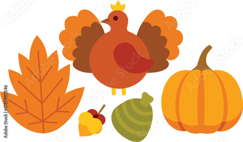 Thanksgiving day vector illustration bundle turkey pumpkin acorn autumn elements