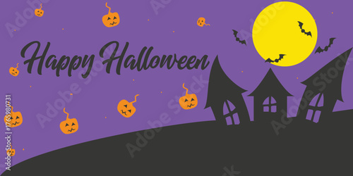 Happy Halloween Night Banner  Flat Design Spooky Landscape with Crooked Houses, Flying Bats, Orange Jack-o'-Lanterns, and Yellow Full Moon on a Deep Purple Background