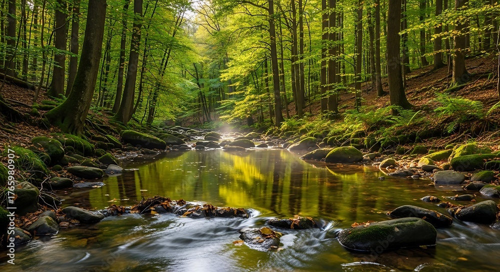 Obraz premium Sunlit Forest Stream with Autumn Calm.