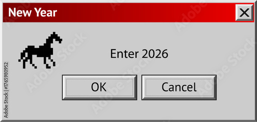 2026 New Year themed dialogue box with blue dragon. Abstract vaporwave, y2k aesthetics window with 90s style system message
