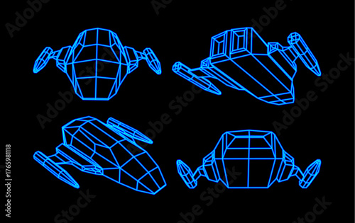 Set of polygonal wireframe spaceships. 80s retro neon synthwave arcade ships collection