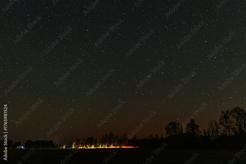 Fototapeta premium Silhouette of pine trees under a starry night sky with a faint orange glow on the horizon, capturing the calm beauty of nature after sunset.