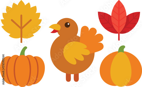 Thanksgiving day elements bundle turkey pumpkin autumn leaves scalable vector illustration