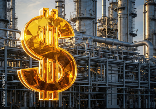 Gold dollar symbol floating over oil refinery