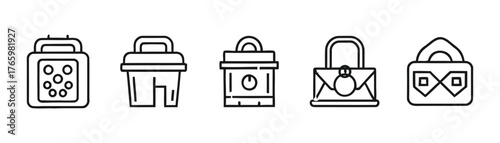 Vector art of a set of five distinct line art icons, each representing a different type of container or lock in a minimalist style on transparent background