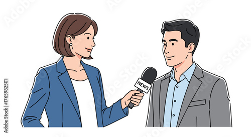 News reporter interviewing man with microphone for news broadcast journalism and media communication coverage