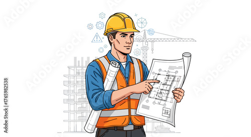 Construction worker architect engineer blueprint planning building design safety helmet and vest project management