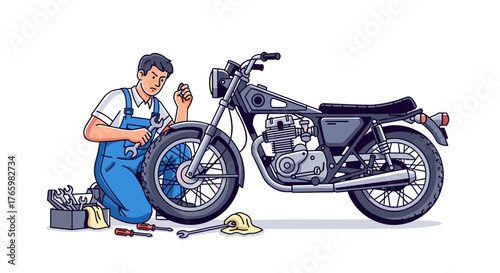 Motorcycle repair service professional mechanic fixing motorbike engine tuning and maintenance workshop garage expert